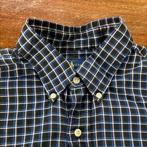 Mens Ralph Lauren Label Blue White Black plaid Dress Shirt Large L Long Sleeve